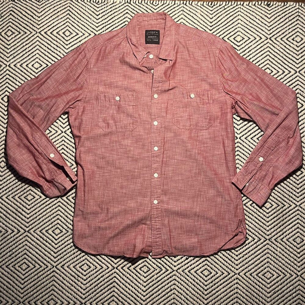 J.CREW Shirt Men's L chin strap chambray Denim Workwear Casual red 100% cotton